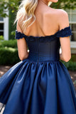 Navy Corset Short Prom Dress with Appliques