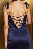 Navy Cut Out Satin Bodycon Short Prom Dress with Bows