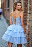 Sky Blue Tiered Corset Short Prom Dress with Appliques