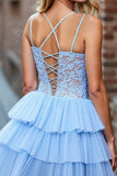 Sky Blue Tiered Corset Short Prom Dress with Appliques