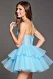 Tiered Sky Blue Corset Tulle Short Prom Dress with Appliques