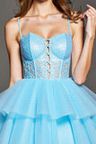Tiered Sky Blue Corset Tulle Short Prom Dress with Appliques