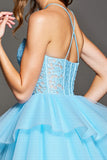 Tiered Sky Blue Corset Tulle Short Prom Dress with Appliques