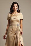 Champagne Off The Shoulder Ruched A Line Choir Dress with Slit
