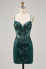 Dark Green Bodycon Backless Sheer Corset Short Prom Dress with Sequins