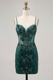 Sparkly Sequins Dark Green Bodycon Backless Corset Cocktail Dress