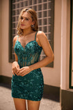 Sparkly Sequins Dark Green Bodycon Backless Corset Cocktail Dress