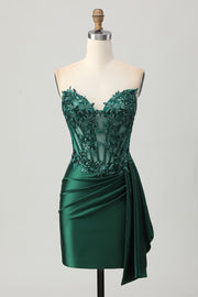 Sparkly Dark Green Strapless Corset Sequins Bodycon Cocktail Dress with Streamer