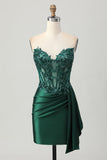 Sparkly Dark Green Strapless Corset Sequins Bodycon Cocktail Dress with Streamer