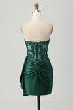 Sparkly Dark Green Strapless Corset Sequins Bodycon Cocktail Dress with Streamer