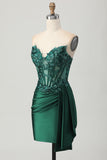 Sparkly Dark Green Strapless Corset Sequins Bodycon Cocktail Dress with Streamer