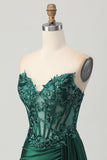 Sparkly Dark Green Strapless Corset Sequins Bodycon Cocktail Dress with Streamer
