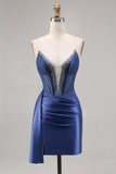 Beaded Corset Navy Satin Cocktail Dress with Sash