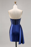 Beaded Corset Navy Satin Cocktail Dress with Sash