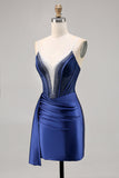 Navy Satin Beaded Corset Cocktail Dress with Sash