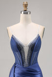 Navy Satin Beaded Corset Cocktail Dress with Sash