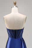 Navy Satin Beaded Corset Cocktail Dress with Sash