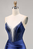 Navy Satin Beaded Corset Cocktail Dress with Sash