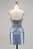 Grey Blue Beaded Corset Cocktail Dress with Appliques