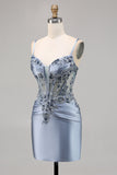Grey Blue Beaded Corset Cocktail Dress with Appliques