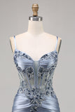 Grey Blue Beaded Corset Cocktail Dress with Appliques