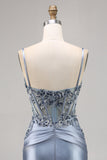 Grey Blue Beaded Corset Cocktail Dress with Appliques