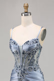 Grey Blue Beaded Corset Cocktail Dress with Appliques