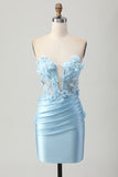 Sky Blue Satin Bodycon Strapless Sequins Short Prom Dress with Appliques