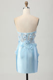 Sky Blue Satin Bodycon Strapless Sequins Short Prom Dress with Appliques
