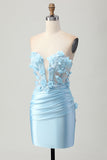 Sky Blue Satin Bodycon Strapless Sequins Short Prom Dress with Appliques
