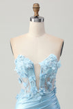 Sky Blue Satin Bodycon Strapless Sequins Short Prom Dress with Appliques
