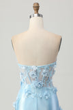 Sky Blue Satin Bodycon Strapless Sequins Short Prom Dress with Appliques