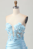 Sky Blue Satin Bodycon Strapless Sequins Short Prom Dress with Appliques