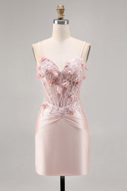 Pink Satin Corset Bodycon Cocktail Dress with Appliques