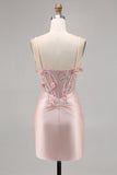 Pink Satin Corset Bodycon Cocktail Dress with Appliques