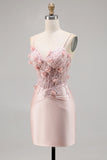 Pink Satin Corset Bodycon Cocktail Dress with Appliques