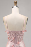 Pink Satin Corset Bodycon Cocktail Dress with Appliques