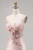 Pink Satin Corset Bodycon Cocktail Dress with Appliques