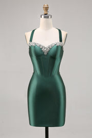 Corset Satin Bodycon Dark Green Cocktail Dress