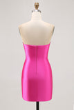 Fuchsia Strapless Beaded Bodycon Short Prom Dress with Slit
