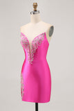 Fuchsia Strapless Beaded Bodycon Short Prom Dress with Slit