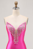 Fuchsia Strapless Beaded Bodycon Short Prom Dress with Slit