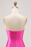 Fuchsia Strapless Beaded Bodycon Short Prom Dress with Slit