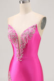 Fuchsia Strapless Beaded Bodycon Short Prom Dress with Slit
