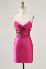 Sparkly Fuchsia Corset Tight Satin Short Prom Dress