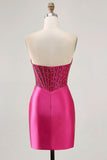 Sparkly Fuchsia Corset Tight Satin Short Prom Dress