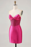 Sparkly Fuchsia Corset Tight Satin Short Prom Dress