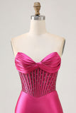 Sparkly Fuchsia Corset Tight Satin Short Prom Dress