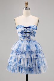 White Blue Flower A Line Strapless Tiered Corset Cocktail Dress with Lace Up Back