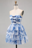 White Blue Flower A Line Strapless Tiered Corset Cocktail Dress with Lace Up Back